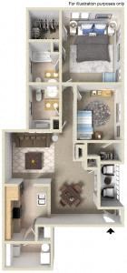 Floor plan for 2 beds, 2 baths, 1142 sqft